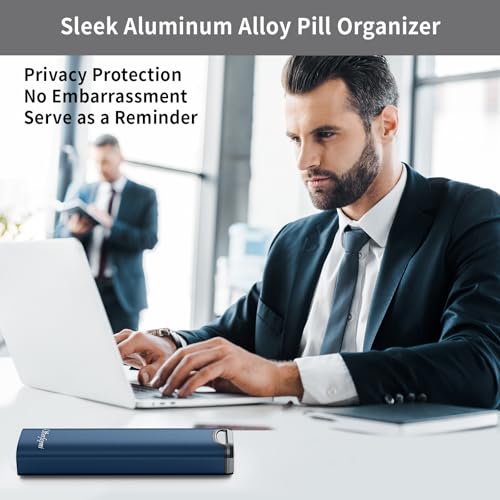 Image of Metal Weekly Pill Organizer, Serfeymi Aluminum Daily Pill Box(Spare Gasket Provided),7 Day Pill Case Travel Medicine Organizer,Pill Containers with Individual Lid for Vitamins,Pills, Supplement-BL+GR