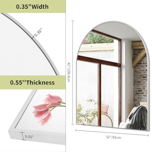 Image of BEAUTYPEAK 32 inchx42 inch Arch Bathroom Mirror, Wall Mounted Vanity Metal Frame Mirror for Bedroom, Entryway, Living Room, Silver
