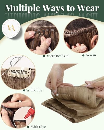 Image of Ugeat 24 Inch Genius Weft Hair Extensions Human Hair Ombre Genius Weft Hair Extensions Balayage Light Brown Mix Platinum Blonde Genius Wefts Human Hair Extension Durable for Long 80G