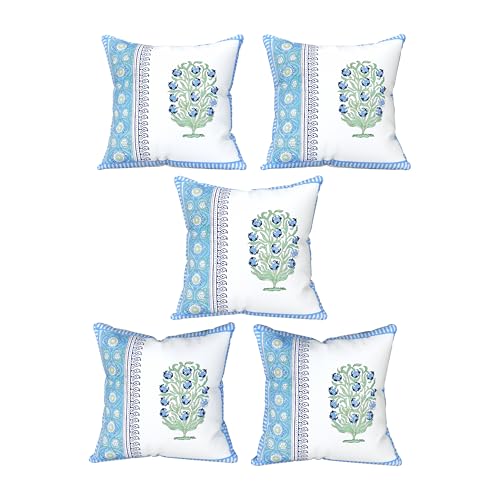 Image of BLOCKS OF INDIA Hand Block Printed Cotton Cushion Cover (16 x 16 inches) (Blue Green Half)