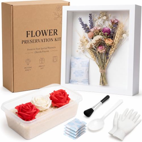 Lewtemi Flower Preservation Kit with Shadow Box Frame 1kg Silica Gel Flower Drying Kit for Wedding Bouquet Keepsake DIY Dried Floral Display Case with Tools(White 8x6)