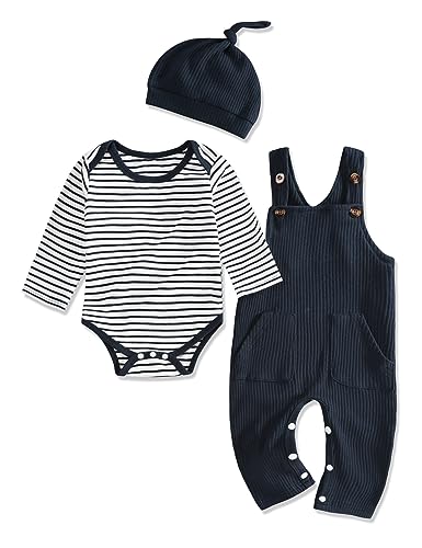 Image of oklady Baby Boy Clothes Stripe Pattern Print Romper Top and Baby Overalls with Hat 0-18 Months Baby Boy Outfits