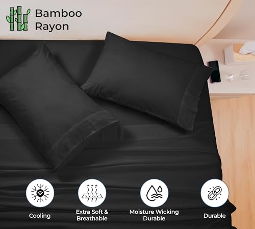 Image of Royale Linen Bamboo Viscose Queen Sheet Set - Cooling Bed Sheet Set - 1 Fitted, 1 Flat & 2 Pillowcase - Fits Up to 16 inch - Organic Viscose Derived from Bamboo - Bedding Sheet & Pillowcase (Queen, Black)