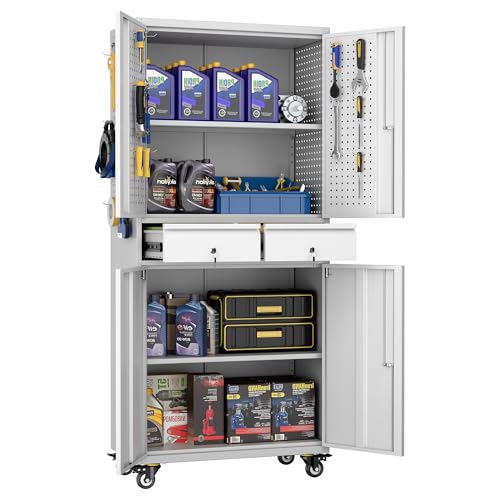SUXXAN 71" Metal Garage Storage Cabinet with 8 Hooks and Pegboards,2 Drawer Rolling Tool Cabinet with Lock and Adjustable Shelves,Garage, Warehouse(Grey/White) - Thumbnail 4