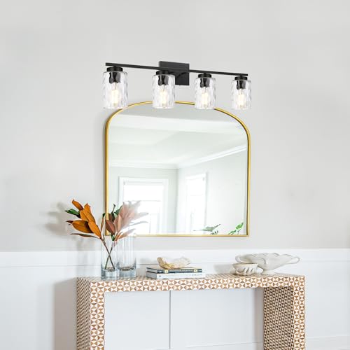 Image of 4 Light Bathroom Vanity Light Fixture Over Mirror, Black Bathroom Wall Sconce Lighting Fixtures Indoor with Clear Hammered Glass Wall Mount Lighting for Porch Kitchen Bedroom Bedside,Hallway
