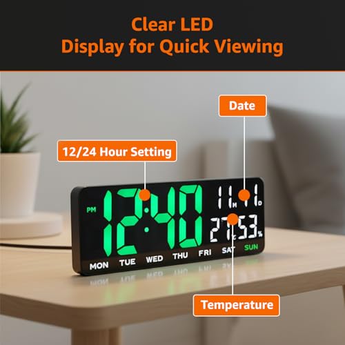 Image of Amazon Basics LED Digital Wall Clock with Dual Alarm, Snooze, Auto Brightness, ABS, Black Color,USB Powered, 12 /24 Hr Format, Modern Display for Bedroom, Home, Office (Size: 35 x 13.2 x 2.9 cm)