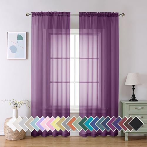 Aiyufeng Lot de 2 Rideaux Transparents Violet Prune de 228,6 cm de Long, en Voile Solide, Double Passe-Tringle, Rideaux élégants et Respirants pour Chambre...