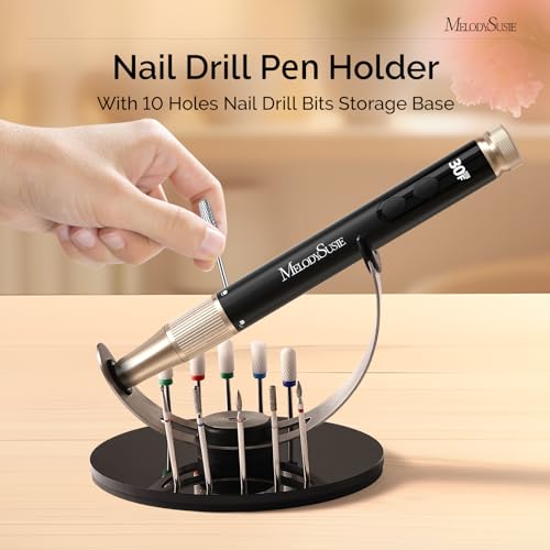 Image of MelodySusie Pen Nail Drill Holder with 10 Drill Bits Holes,Stable Acrylic Base Stand for Most Pen-shaped Electric Nail File,Especially for PC120I,PC120B,PC180G,PC180F,PC180E,PM170F,PM180G,SM220G