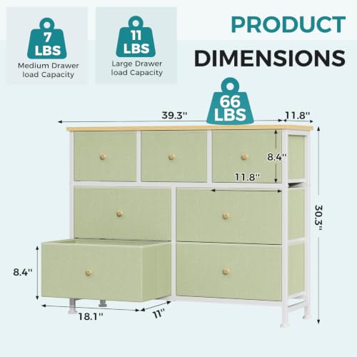 Image of OLIXIS 7 Drawer Dresser for Bedroom, Tall Fabric Storage Tower with Sturdy Steel Frame and Wooden Top, Large Dresser for Living Room Entryway with Easy Pull Fabric Bins,Light Green