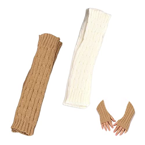 2 Paar Lange Handschuhe, Gestrickte Halb Fingerlose Fäustlinge Strickhandschuhe Fingerlose Fäustlinge Stulpen Thermal, Damen Fingerlose Handschuhe, Gestrickte Halbfingerhandschuhe(Khaki, Weiß) Cover