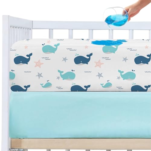 Image of Plushii Waterproof Crib Sheets for Boys 2 Pack, 28"x 52" Extra Soft Microfiber Waterproof Crib Mattress Protector for Standard Crib & Toddler Mattress Pad Whale