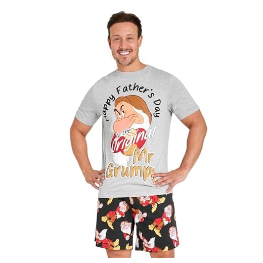 Disney Cómodo Conjunto de Pijama Corto para Hombres, Regalo Padre (Gris/Negro, L)