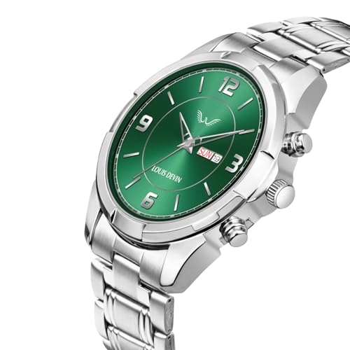 Image of LOUIS DEVIN Stainless Steel Chain Analog Wrist Watch for Men with Day and Date Display (Black /Blue /Green Dial) | LD-GR430-CH