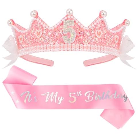 CUBACO Birthday Crown Headband Birthday Girl Crown and Sash, Birthday Girl Headband Princess Pink Crown 5 Year Old Girl Gift Outfit Birthday Decorations,Suitable for Party Favors Decorations Cover