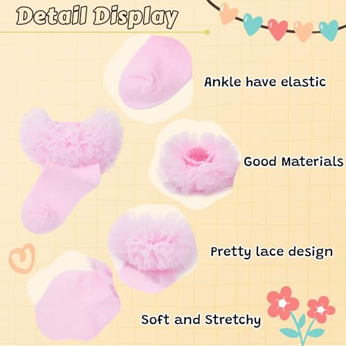 Zando Toddler Girls Ruffle Socks Baby Girls Frilly Lace Princess Dress Crew Socks Stretchy Seamless Fit 1-8 Years2
