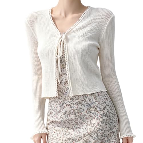 Women Coquette Balletcore Ribbed Tie Front Knit Cardigan Soft Knit Essential Cozy Fall Layering Transitional Weather Staple (Beige,One Size)