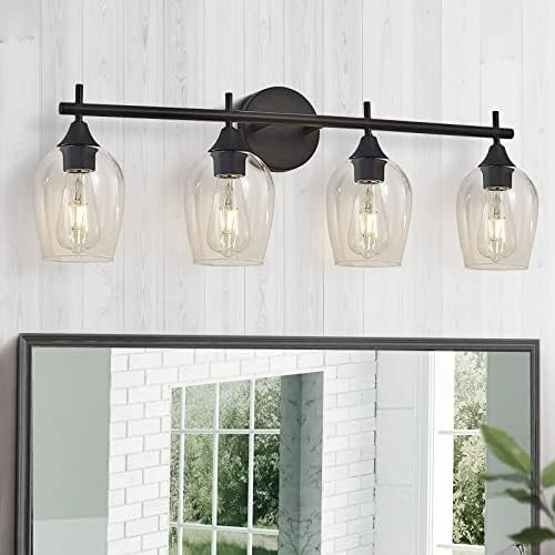 XGFOURSEVEN 4-Light Bathroom Vanity Light Fixture Over Mirror,Modern Black Vanity Lights with Clear Glass Shade,Industrial Wall Sconces for Bedroom Hallway Makeup Dressing Table(Black, 4-Light)