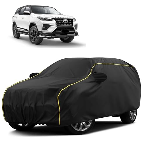 Image of Sulfar 100% Water Resistant Car Body Cover Compatible with Mirror for Toyota Fortuner (Triple Stitched, Full Bottom Elastic, Black Taffeta with Yellow Piping)