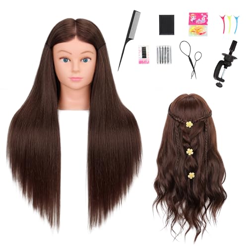 Mannequin Head Human Hair 26\"-28\" Female 80% Human Hair Mannequin Head Hair Styling Cosmetology Manikin Head Doll Head for Hairdresser with Free Clamp Holder and Tools
