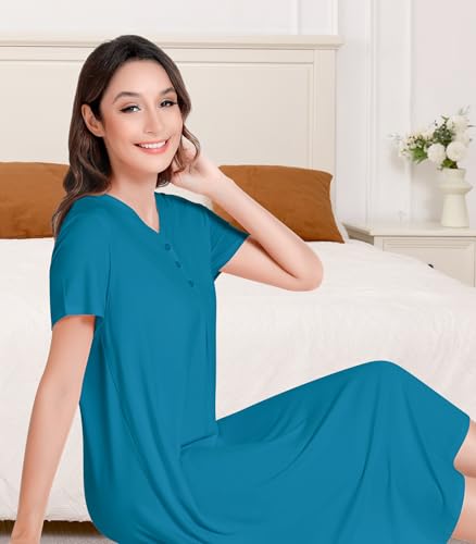 Image of NACHILA Bamboo Viscose Nightgowns for Women Short Sleeve V Neck Sleepwear