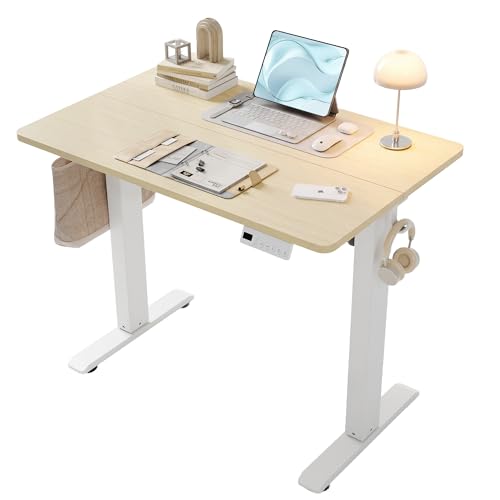 Image of YDN 35 inch Small Electric Standing Desk Adjustable Height, Sit Stand up Desk with Memory Presets & Cable Management, Home Office Desk for Office & Computer Workstation, White Frame /Nature Top