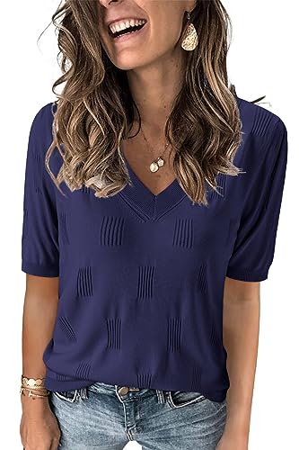 Image of Arach&Cloz Women's Lightweight Spring Summer Sweater Tops Casual Short Sleeve Blouses Shirts