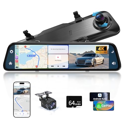 2026 Neuestes 12 5 Zoll 4K Rückfahrkamera Spiegel mit Wireless CarPlay Android Auto Dashcam Auto Spiegel mit Einparkhilfe Navigation Loop-Aufnahme Bluetooth Mirror Link WDR AUX 64G SD-Karte