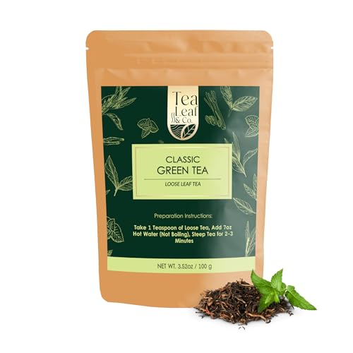 Image of Tealeaf & Co. Classic Green Tea Loose Leaf - 100% Organic Green Tea - Contains Low Caffeine - Upto 50 Servings - Gluten Free (3.52oz /100gm)