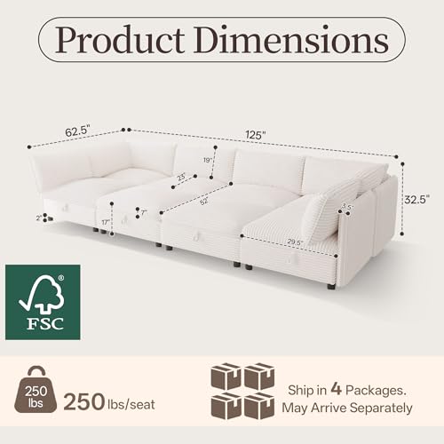 Image of Oversized Corduroy Modular Sectional Sofa Bed with Hidden Storage, Convertible L U Sleeper Couch, 8-Seat Modular Sofa Free Combination with Ottoman & Removable Covers for Living Room, White