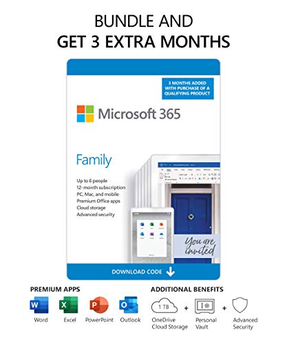 Microsoft 365 Family | Premium Office Apps | 1TB OneDrive Cloud Storage | 3 Months Free, Plus 12-Month Subscription, up to 6 People | PC/Mac Download (Renews to 12-Month Subscription)