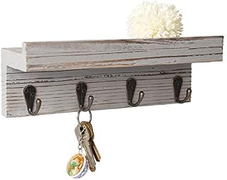 BESTOOL Mini Key Rack, Wooden Key Holder, Key Rack/Key Organiser/Hook Rack with Shelf, Wall Organiser with 4 Metal Hooks (Grey)