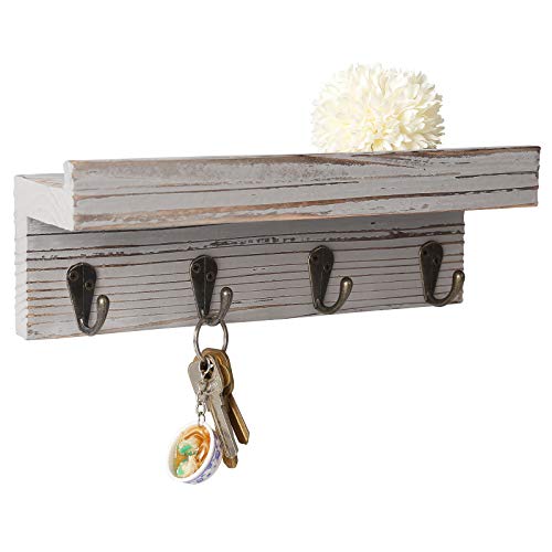 BESTOOL Mini llavero de madera, soporte para llaves, organizador de llaves, con estante, organizador de pared con 4 ganchos de metal (gris)