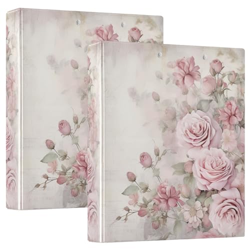 Image of Pink Rose Flower Muted Color 3 Ring Binder with 2 Interior Pockets 1.5 inch Binders 3 Ring Heavy Duty Fit 8.5 inch x 11 inch Letter Size for Office School, 2 Pack