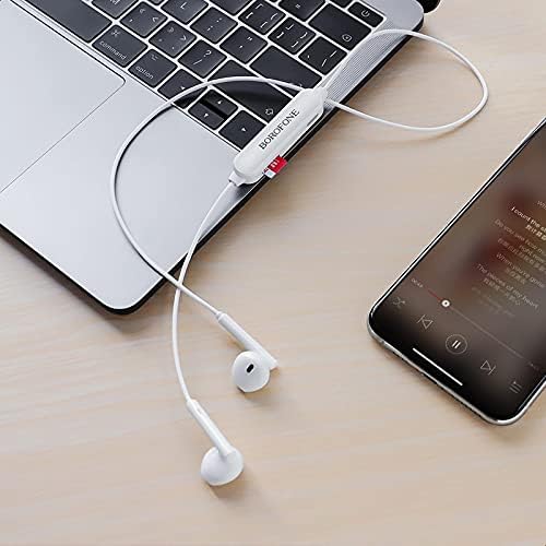 BOROFONE BE27 earphones connected to a laptop and smartphone, demonstrating usage.