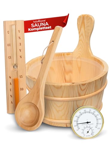 holz4home® Sauna Eimer Set I Hochwertiges Saunazubehör Eimer mit Kelle Sanduhr Thermometer Hygrometer I Hitzebeständiges Sauna Set aus Holz I Komplettset Fasssauna Saunakübel mit Einsatz