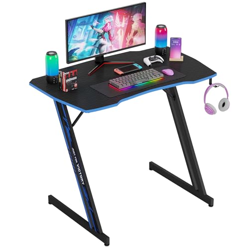 Image of PayLessHere | 35 inch Gaming Table | Blue | Z-Shaped Computer Desk with Steel Frame, Headphone Hook, Adjustable Feet | Carbon Fiber Texture Surface, Sweat & Waterproof | for Gaming, Home Office