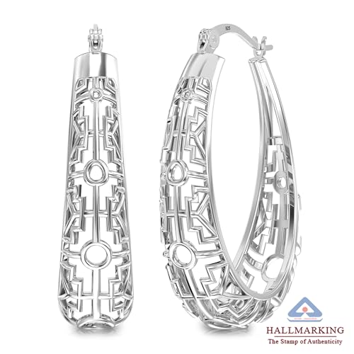 Image of TRUESILVER ACPL 925 Sterling Silver BIS Hallmarked Filigree Hoop Earrings for Women & Girls | Lightweight Designer Oval /Round Hoops | Everyday Wear | Gift for Her