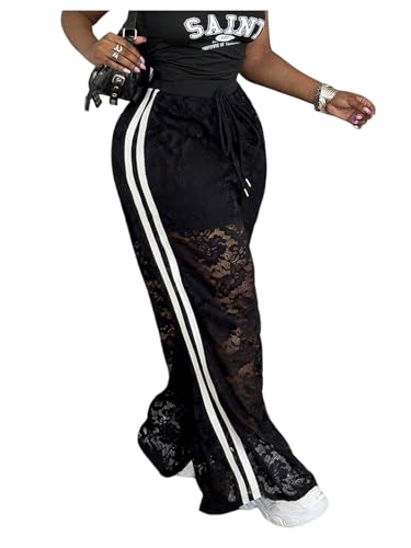 Verdusa Women's Plus Size Lace Sheer Baggy Pants Streetwear Wide Leg Long Trousers Black Large Plus