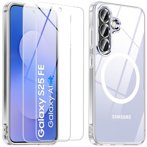 Magnetic for Samsung Galaxy S25 FE Case with Screen Protector 2X,Compatible with MagSafe,Phone Case Slim Hard PC Silicone Bumper Shockproof Protective Cover for Samsung S 25 FE 5G,Clear