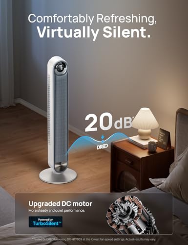 Image of DREO Tower Fan for Bedroom, Upgrated DC 9 Speeds Ultra-Quiet Floor Fan, 90 Oscillating Fans for Indoors with 28ft /s Velocity, 12H Timer, Standing Fans, Bladeless Fan Powerful for Home, White