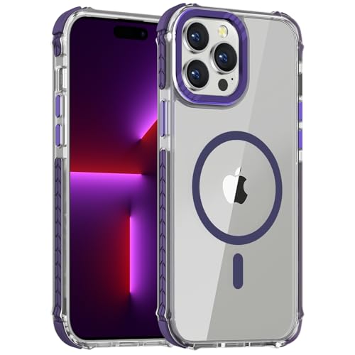 DEERLAMN Strong Magnetic Case for iPhone 15 Pro 6.1-Inch,[Compatible with Magsafe] Clear Slim Shockproof Protective Phone Cover for Women Men-Transparent+Purple