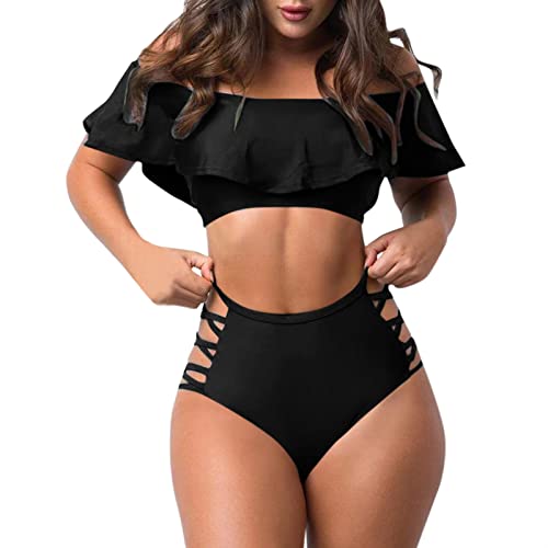 Traje de baño para mujer, con volantes, hombros descubiertos, sexy, ajustado, color sólido, estilo hawaiano, para cubrir el traje de baño con control de abdomen, tankini modesto, Negro, S