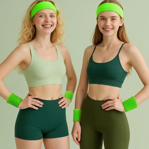 Image of Neon Sweatbands and Wristbands Bulk, Cotton Sports Headbands for Team Spirit, School Field Day, 80s 90s Party, Soccer Fan Accessories, Gym, Cheer and Group Events
