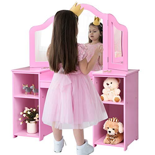 COSTWAY 2 en 1 Coiffeuse pour Enfants avec Miroir Amovible, Bureau Enfant avec 4 Étagères et 3 Panneau Pliables de Miroirs de Style Princesse pour Filles (Rose)