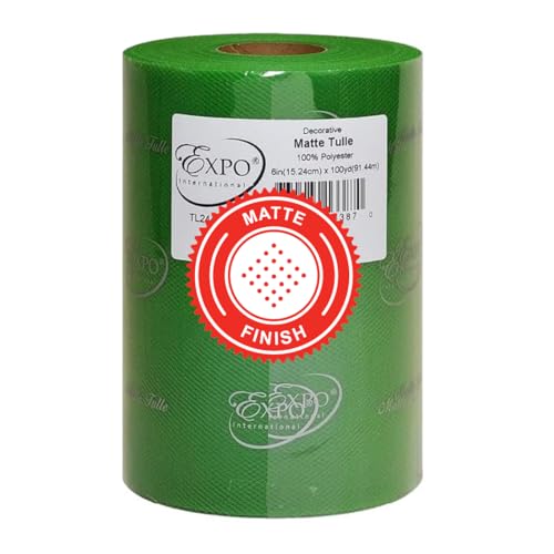 Expo International Tul mate decorativo, rollo/carrete de 6 pulgadas x 100 yardas, tela de tul hecha de poliéster, acabado mate, ligera, versátil, lavable, fácil de usar, verde