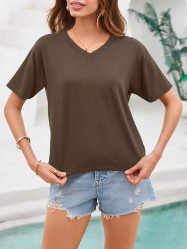 UNCLECAT Women Cropped T Shirts Casual Short Sleeve V Neck Crop Tops 2026 Summer Soft Loose Basic Tee Brown — view 3
