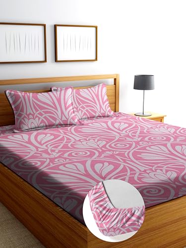 Image of DECORUM Glace Cotton Fitted Bedsheet King Size (72 inchx78 inch)| All Around Elastic| Cotton Feel| 2 Pillow Covers (17 inchx27 inch)| Fits Up to 8 inch Mattress| 220 TC|Soft, Wrinkle-Free| Floral Print-Baby Pink