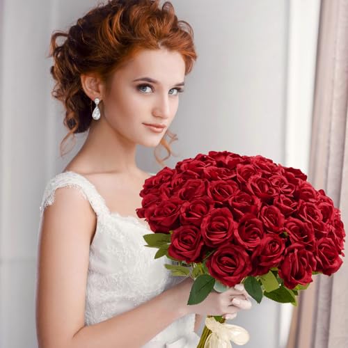Red Roses Artificial Flowers Bulk, 52Pcs Fake Roses Flower Arrangement, DIY Silk Flowers Roses Bouquet, Realistic Faux Artificial Roses for Mother's Day Home Table Decor - Image 7