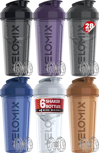 Image of VELOMIX -6 PACK- 28 oz Protein Shaker Bottle for Protein Mixes - 6x Wire Whisk | Leak Proof Shaker Cups for Protein Shakes | Protein Shaker Bottle Pack | Protein Shake Cup (Elemental Mix)