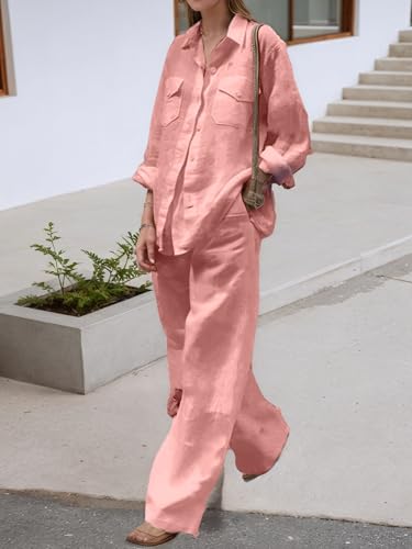 Women's Wide Leg Long Sleeve Cotton Linen 2 Piece Outfits Casual Loose Button Down Blouse and Long Pants Suits2